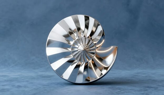 Luxury chrome nautilus shell sculpture on blue background. Minimalist metallic ammonite sea shell 3D illustration.