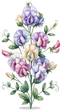 Close-up of a digitally painted bouquet of multi-colored sweet pea flowers