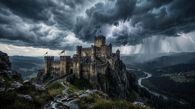 Medieval castle on a cliff under stormy dark clouds.