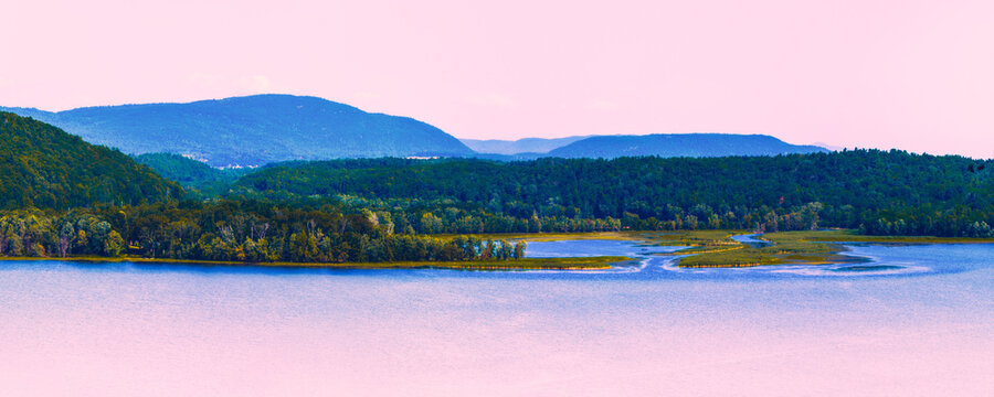 Fort Ticonderoga and Mountain landscape in New York over Lake Champlain