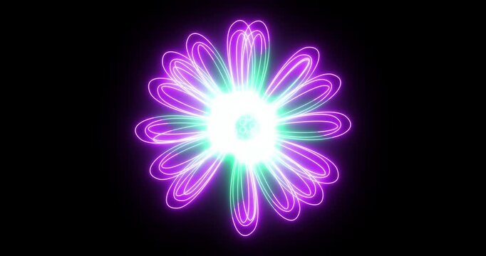 Abstract Neon Flower Animation with Glowing Green and Purple Light Trails, Futuristic Floral Blossom, Seamless Loop 4K Background