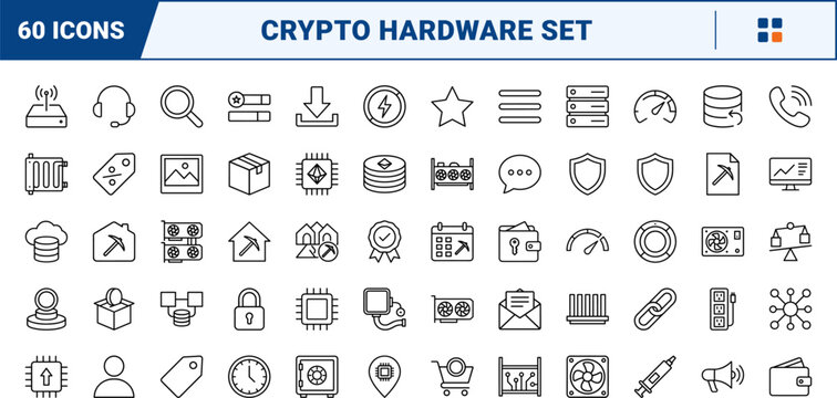 Crypto mining platform line icon set. Vector pictograms of bitcoin, miner, rig, and asic elements, thin linear illustration.
