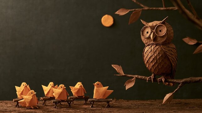 Paper-cut owl in round glasses perched on a branch above a class of folded paper chicks on tiny benches
