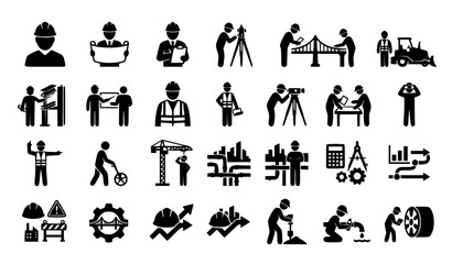 Obraz premium Civil Engineer Icon Silhouette Set Isolated on White Background Construction Worker Vector Illustration