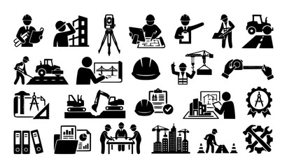 Fototapeta premium Modern Civil Engineer Silhouette Icons Collection with Construction and Infrastructure Symbols