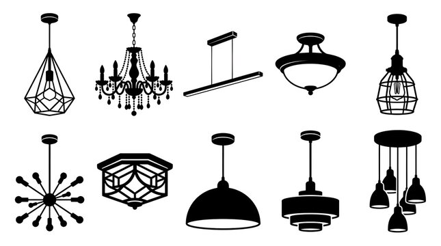 Ceiling lights and chandeliers vector silhouette set featuring pendant lights, crystal chandelier, linear lamp, industrial wire cage, dome pendant, sputnik fixture, and cluster lights on white backgro