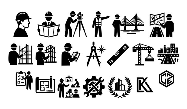 Civil Engineer Black Silhouette Icon Pack with Construction Worker and Engineering Symbols