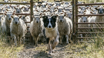 Obraz premium Rural Life: Adorable Collie Sheepdog Herding Livestock on Green Pastoral Countryside Farm