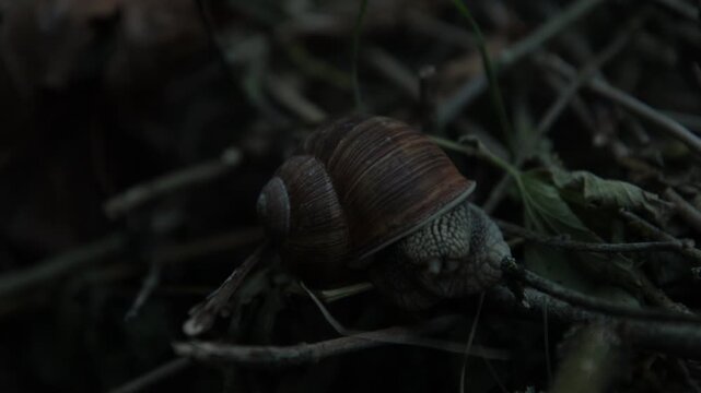 Close-up of a large brown land snail extending its eye stalks while crawling through dark forest undergrowth