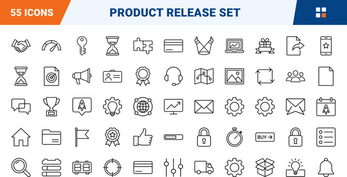 Launch page line icon set. Vector pictograms of startup, product, release, and countdown elements, thin linear illustration.