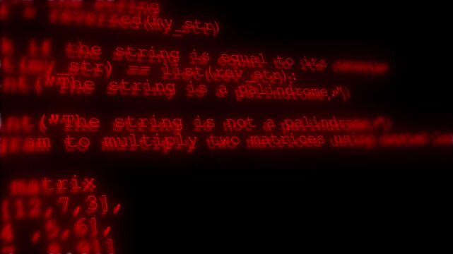 Dark red software code visual blurred programming text, glowing numeric matrix, black cyber atmosphere. for hacker scenes, coding tutorials, data security intros, software promos, and motion graphics.