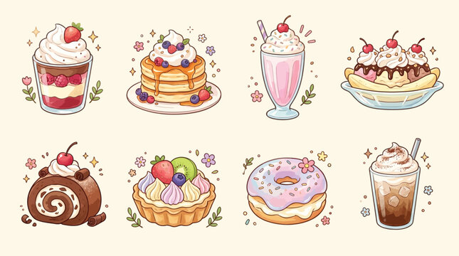 A delightful collection of sweet desserts and beverages, featuring pancakes, a parfait, a milkshake, a banana split, a Swiss roll, a fruit tart, a donut, and iced coffee.