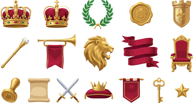 Royal Medieval Kingdom Icon Set with Golden Crowns, Lion Heraldry, Shields, Swords, and Ribbons for Fantasy Game Interface and Luxury Branding Designs