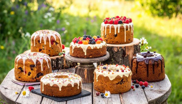 Assortment of Decorated Easter Cakes and Sweet Breads with Fresh Berries Outdoors in a Garden Setting