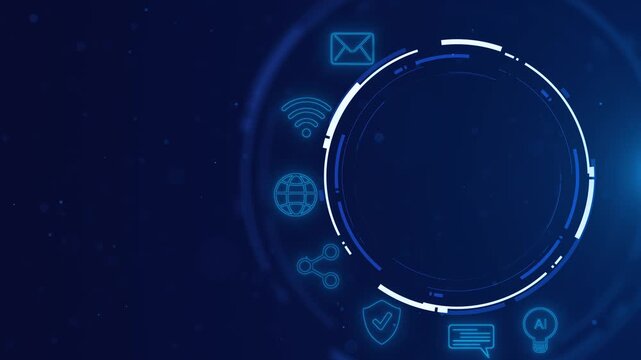 Smart 19 HUD visual blue circular interface, communication symbols, security icon, globe, wifi, AI bulb. for mobile apps, software demos, network explainers, digital services, motion graphics.