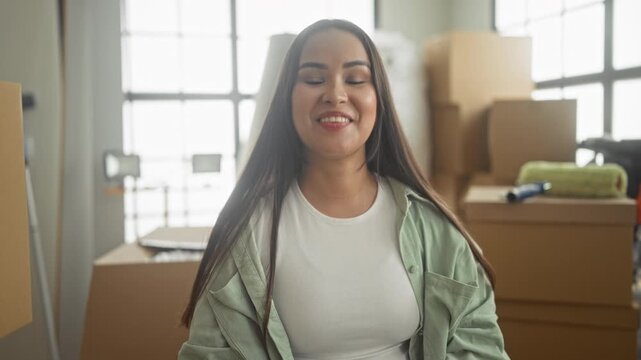 Young hispanic woman showing open palms and smiling amid stacked moving boxes inside a sunlit building; fresh start hopeful.
