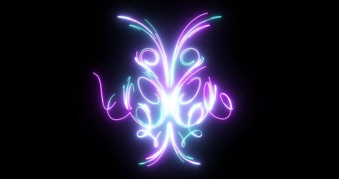 Vertical Abstract Neon Light Ornament Animation with Purple and Cyan Glowing Trails, Symmetrical Futuristic Decorative Background, Seamless 4K Loop