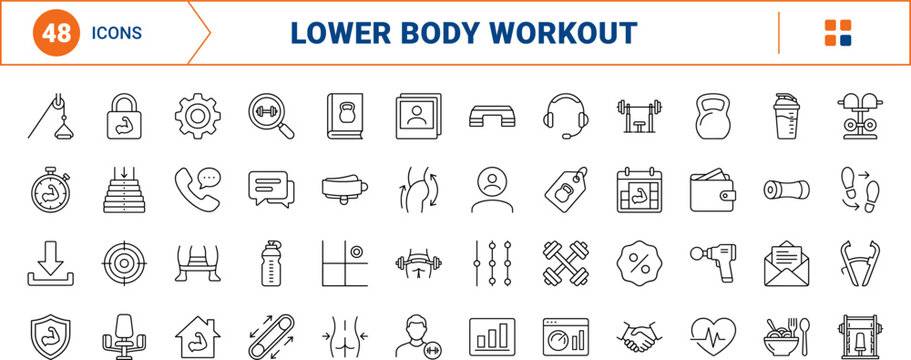 Glute workout app line icon set. Vector pictograms of lower, body, fitness, and hip elements, thin linear illustration.