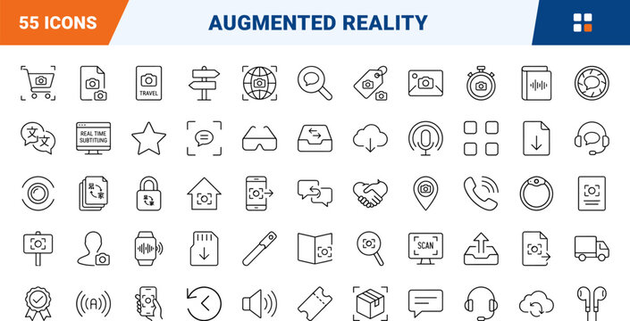 Augmented reality line icon set. Vector pictograms of translation, software, application, and interface elements, thin linear illustration.
