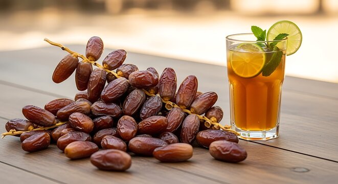 Fresh date fruit pile with refreshing herbal drink in glass
