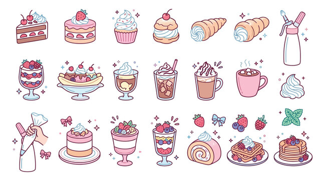 A delightful collection of kawaii-style desserts, including cakes, pastries, ice cream, and beverages, rendered in a soft pastel color palette.