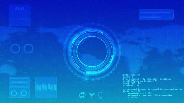 Global digital dashboard interface visual blue world map, circular HUD, data cards, code, and communication icons. finance reports, tech news, business analytics, network systems, motion graphics.