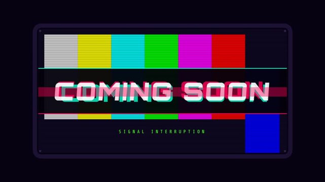 Coming soon video teaser with vibrant color bars and test patterns.