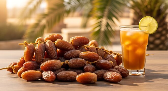 Fresh dates with glass of date syrup and natural background