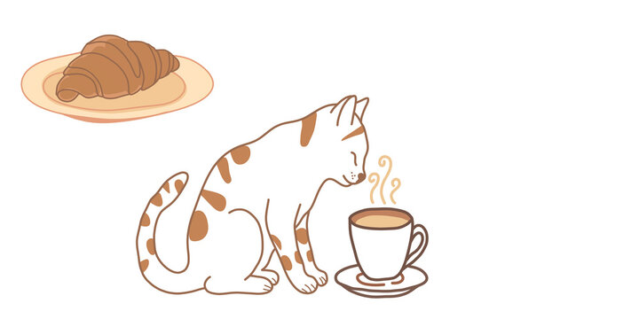 Cute cat sniffing a cup of coffee with a croissant vector illustration isolated on transparent or white background, png