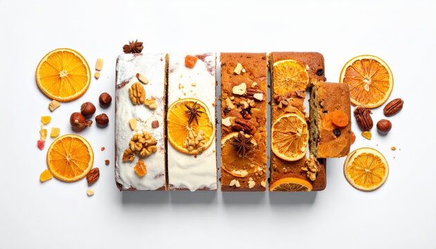 Assortment of Homemade Fruitcakes and Loaves with Oranges, Nuts, and Dried Fruits, Top View