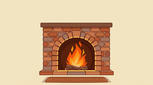 Stylized brick fireplace with an arched opening, burning orange flames, wooden logs, and a small woven rug on a light beige background