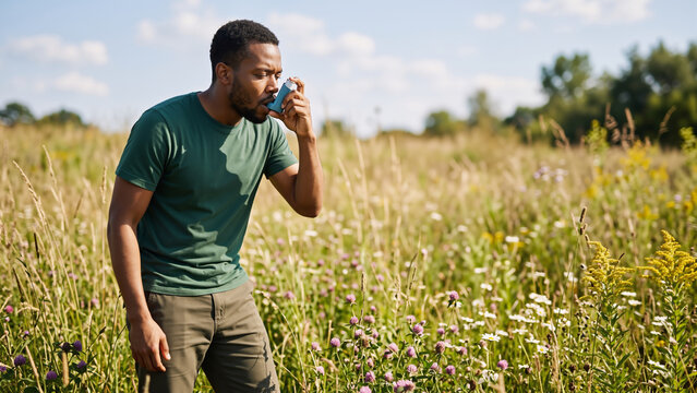 Black man allergy sufferer using asthma inhaler in sunny wildflower meadow. Healthcare and seasonal allergy management banner with copy space