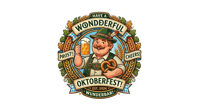 Bavarian cultural festival badge featuring man with beer and pretzel