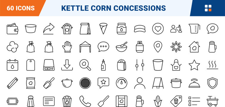 Food concession line icon set. Vector pictograms of kettle corn, snack food, concession stand, and vendor equipment elements, thin linear illustration.