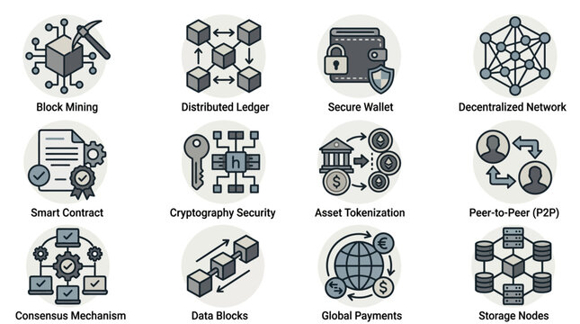 Blockchain Technology and Cryptocurrency Concept Icon Set for Digital Finance and Decentralized Data Management