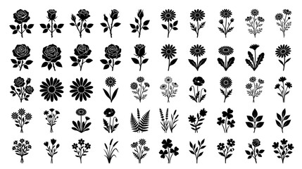 Obraz premium Collection of Black Floral Silhouettes on White Background