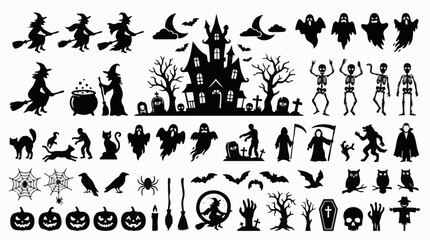 Obraz premium Collection of black halloween silhouettes, including haunted house, witches, ghosts, skeletons, pumpkins, bats, and spooky graveyard