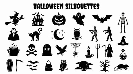 Obraz premium Set of black halloween silhouettes featuring a witch, haunted house, pumpkin, ghost, skeleton, vampire, cat, moon, and various spooky