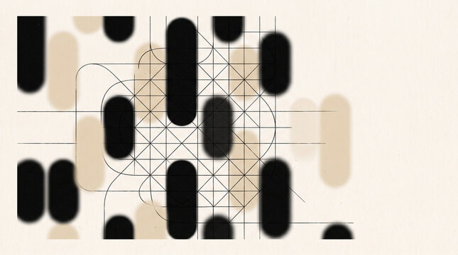 Abstract geometric composition with black and beige blurred shapes and fine line grid. Modern technical design background. Copy space for text