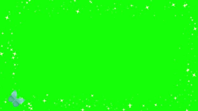 Green screen background display decorated with a sparkling star border frame and a butterfly element in the corner.