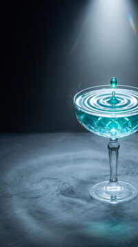 Blue cocktail glass with liquid drop ripple and smoke effect