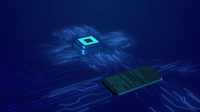 Mobile processor circuit 19 floating chip, smartphone code, glowing blue electronic pathways. app development videos, AI hardware explainers, mobile security promos, futuristic tech overlays.