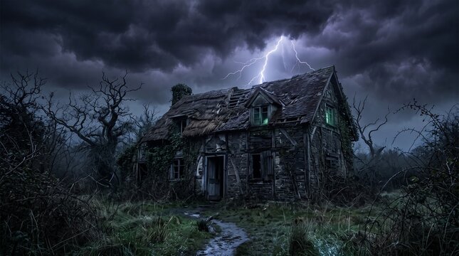 Abandoned haunted house in a dark stormy forest.