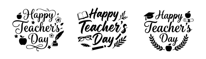 Fototapeta premium Happy teacher's day creative typography with laurel wreath and apple illustration