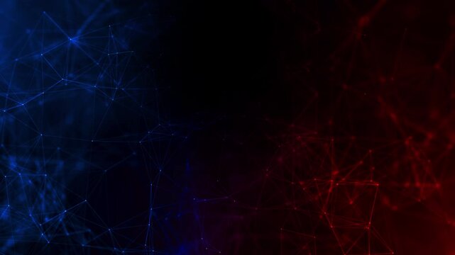 Abstract dual color network visual red and blue connected points, thin polygon lines, deep black center space. for cyber themes, data systems, AI concepts, science explainers, modern motion graphics.