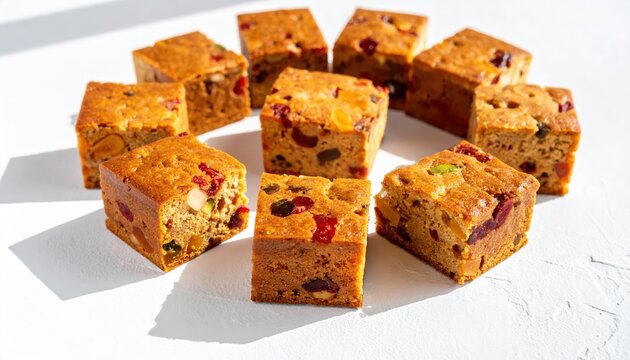 Assortment of delicious square fruitcakes with visible dried fruits and nuts arranged on a white surface with shadows
