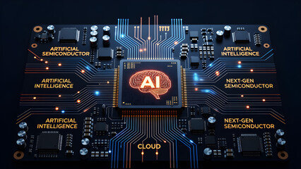Fototapeta premium Advanced Artificial Intelligence AI Processor on Futuristic Semiconductor Circuit Board with Digital Computing and Neural Technology Background