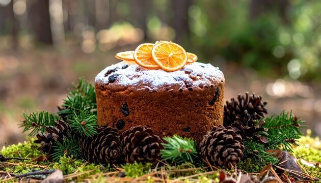 Christmas fruitcake decorated with icing sugar, dried orange slices and pine cones in forest setting