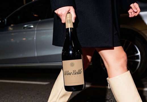 Wine Bottle On Street Mockup