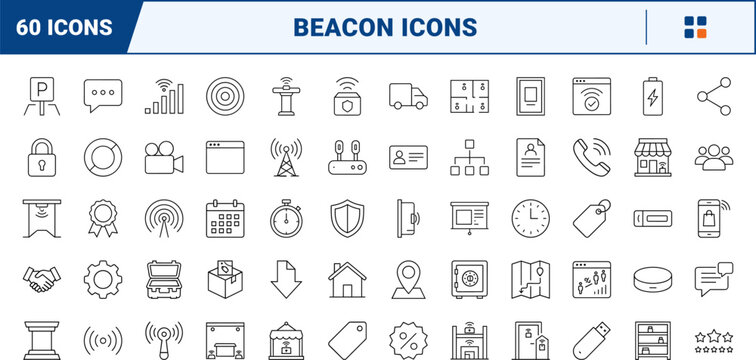 Beacon management platform line icon set. Vector pictograms of ble, bluetooth, proximity, and marketing elements, thin linear illustration.
